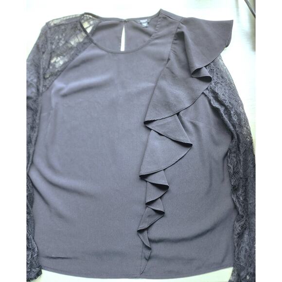 TOP/BLOUSE-GUESS-Black-Front Ruffle-Long Lace Sleeves-Pullover-Size LRG - Picture 4 of 13
